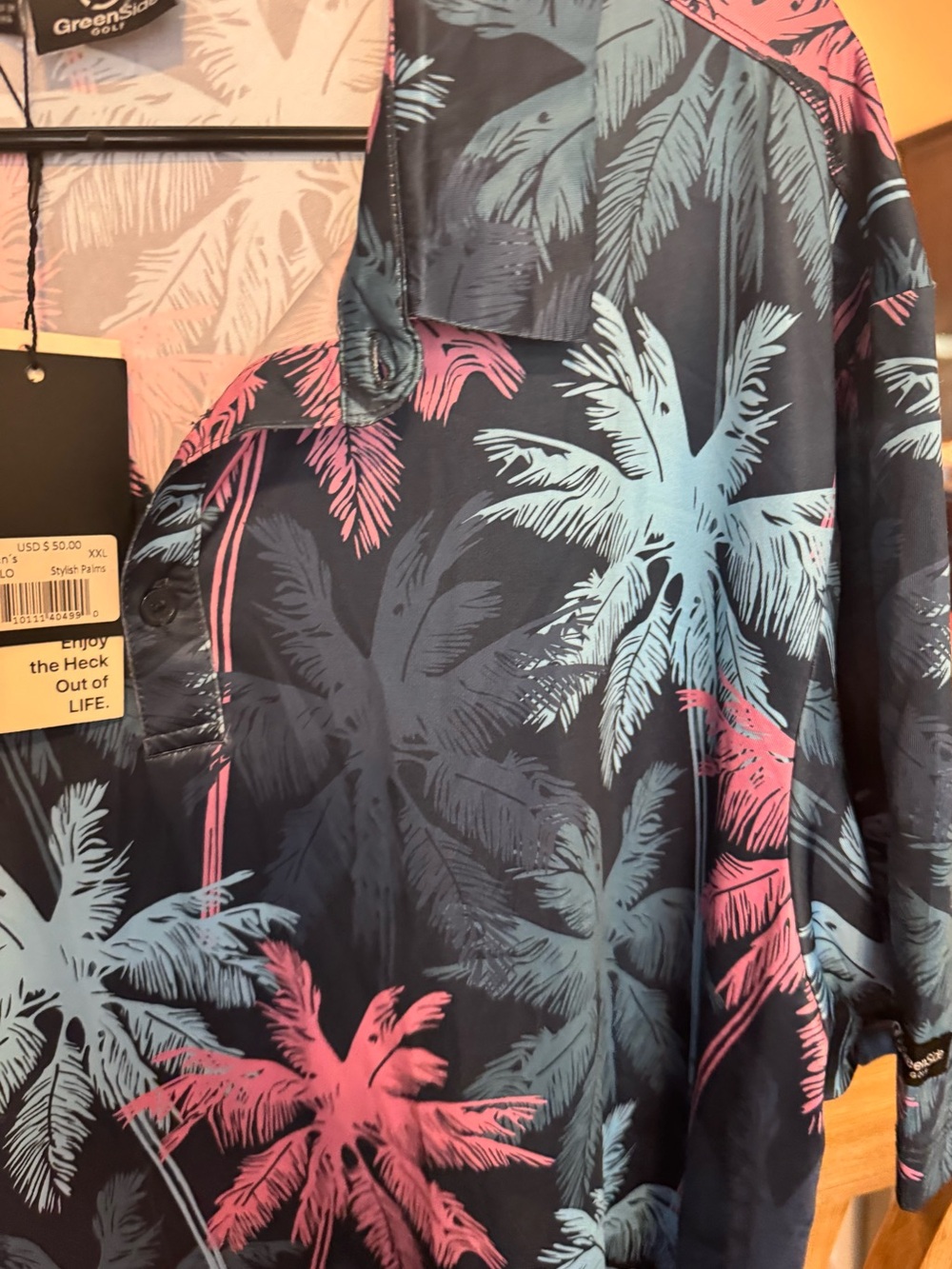 Men's Lightweight Tropical Shirt Jacket - Navy with Pink & Light Blue Palms